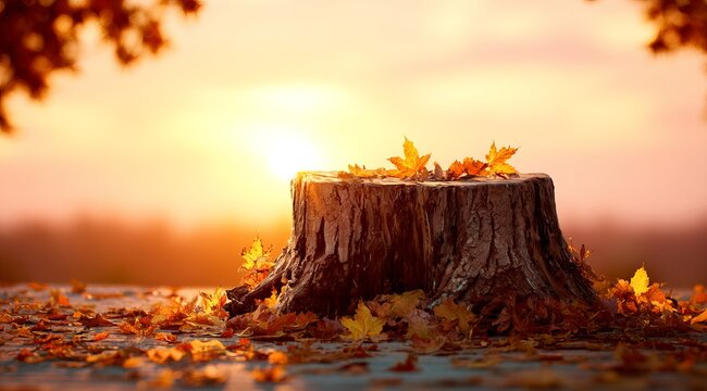 Autumn tree stump with fallen leaves at sunset wood
