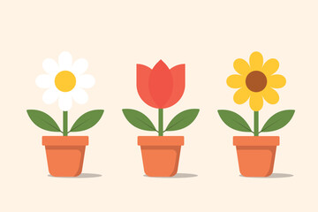 Flat Flower Pots Vector Illustration with Daisy Tulip and Sunflower