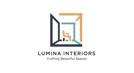Lumina Interiors Logo with Abstract Room and Chair Design.