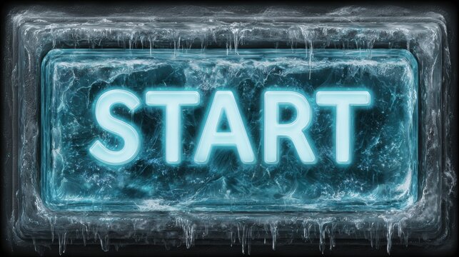 Glowing Ice Button With the Word Start, Showcasing a Frozen Texture in a Digital Art Style