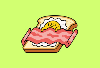 Vector illustration of a cartoon egg sleeping on toast with bacon blanket