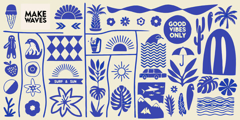 Collection of playful blue doodle illustrations on a cream background with surf and sun themes © Tasnim