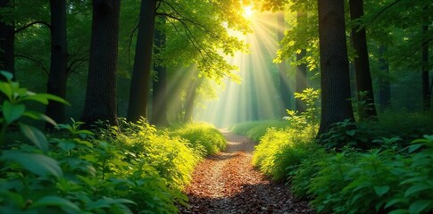 Obraz premium Sun-Dappled Path Winding Through a Lush Green Forest A Magical Nature Scene Perfect for Travel and Environmental Projects