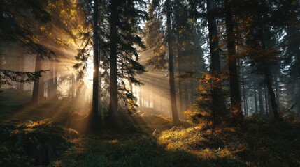 Naklejka premium Radiant sunbeams pierce through the dense canopy of a serene, golden-lit forest