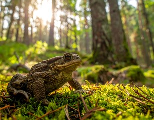 Fototapeta premium A curious toad basks in the sunlit mossy forest floor