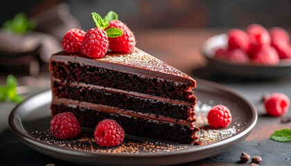 A decadent chocolate cake slice, adorned with fresh raspberries and mint