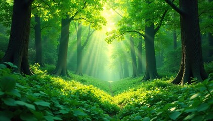 Obraz premium Serene Sunlight Dappling Through Lush Green Forest Canopy Tranquil Nature Background Perfect for Websites, Presentations, and Nature-Themed Projects
