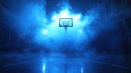 Moody Blue Basketball Court with Dramatic Smoke and Lighting