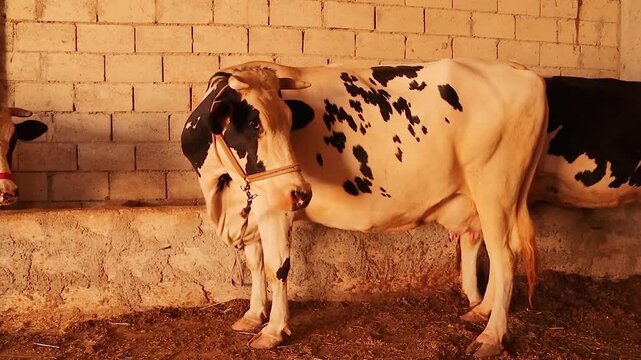 Holstein Friesian dairy cow standing inside a barn under warm sunset light. showing the breed&rsquo;s ideal form. large body, balanced black and white pattern and full udder symbolizing high milk production