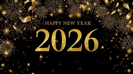 Happy new year 2026 golden text with fireworks and confetti on black background, perfect for festive greetings and celebrations of the upcoming year
