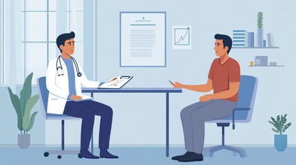 clean vector scene of healthcare consultation, doctor seated at desk, patient describing headache symptoms, clipboard and prescription visible