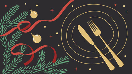 Festive holiday table setting with ornaments ribbon and evergreen branches on a dark background scene