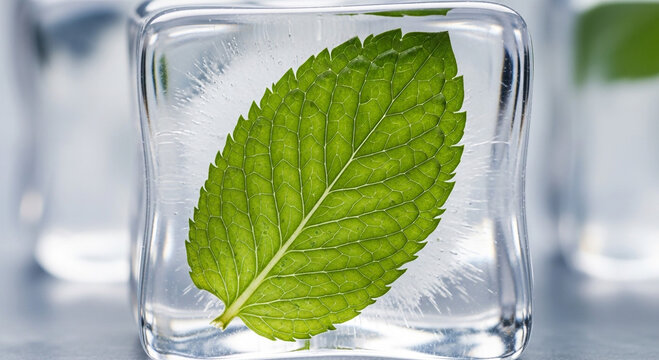 A vibrant green mint leaf perfectly preserved inside a clear ice cube, with other ice cubes in the background, suggesting freshness and coolness.
