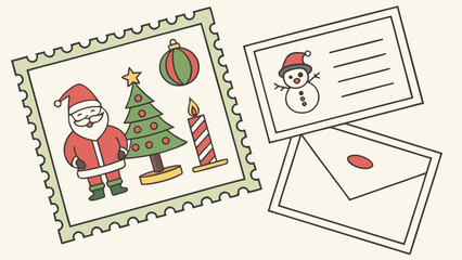 Illustration of a christmas stamp with santa tree ornament and candle next to christmas cards