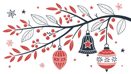 Festive branch with red berries leaves ornaments and snowflakes for christmas holiday decoration art