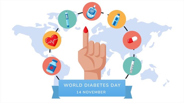 World diabetes day concept with finger blood drop and medicine highlight suitable for promoting awareness campaigns, health articles, medical websites. World diabetes day background loop animation.