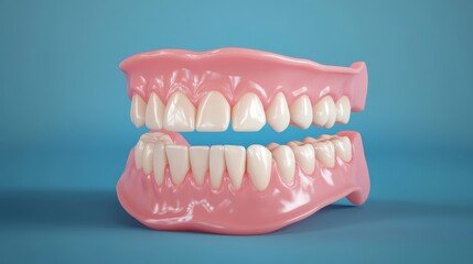 Obraz premium 3D render of human front teeth with visible gum recession, pink gums pulled away from enamel, isolated on medical blue background