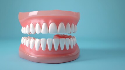 Obraz premium 3D render of human front teeth with visible gum recession, pink gums pulled away from enamel, isolated on medical blue background