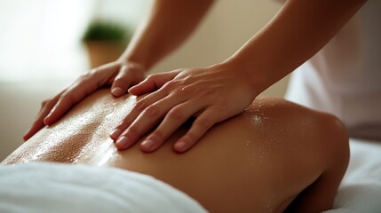 Naklejka premium side view of back massage session, clientâ€™s skin slightly oiled, masseurâ€™s hands mid-motion, clean white environment, relaxing natural light