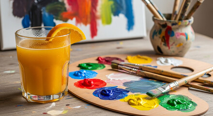 Obraz premium A vibrant still life featuring a glass of orange juice next to an artist's palette with colorful paints and brushes on a wooden table.
