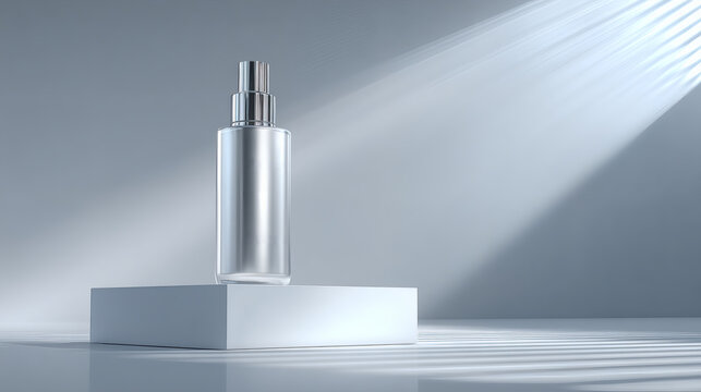 Minimalist Presentation of a Modern Silver Perfume Bottle with Sunlight - Powered by Adobe