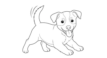 Fototapeta premium A playful puppy with floppy ears and a wagging tail is caught in a moment of energetic joy. Its tongue is lolling out as it looks forward with bright, curious eyes.