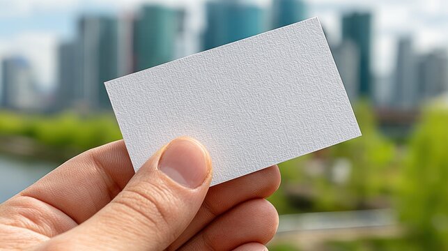 Blank business card held up against a blurry city skyline in a close-up shot