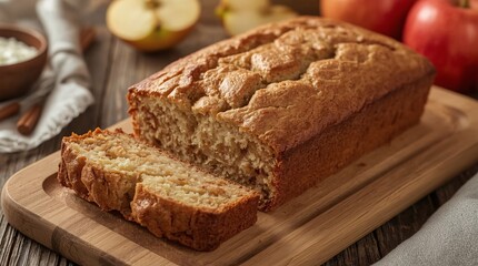Warm apple bread loaf with cinnamon ready to enjoy on rustic wooden cutting board for autumn brunch