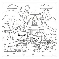 Cute Bear and Duck Celebrating a Grand Opening with Balloons and Decorations