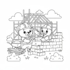 Two Adorable Teddy Bears Building A House Together With Tools