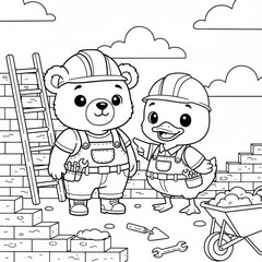 Cute Bear and Duck Building a Brick Wall Together on a Sunny Day