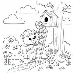Cute Bear and Bird Building a Birdhouse Together on a Ladder in a Garden