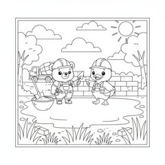Cute Chicks in Construction Helmets Working Together on a Sunny Day Scene