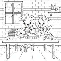 Two Cute Bears Working Together on a Construction Project Planning Together
