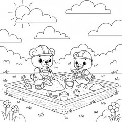 Cute Cartoon Bears Building a Sandbox Castle Together On a Sunny Day