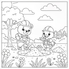 Cute Animals Building a Playground Scene Together for Coloring Fun