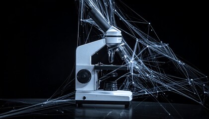 Microscope with digital network overlay on black background.