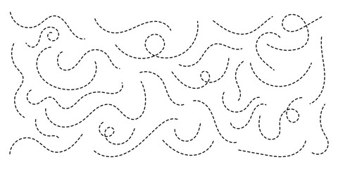 Hand drawn dotted line element set. Curved and twisted dashed paths. Wavy dashed curvy line, loopy squiggle path, decorative wave border, dotted line divider, seamless vector illustration. EPS 10