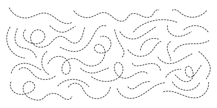 Hand drawn squiggle line. Trip dashed trace destination track path line collection. Long dashed spiral wavy line. Curve dotted line. Border design, traveling symbol, divider element.