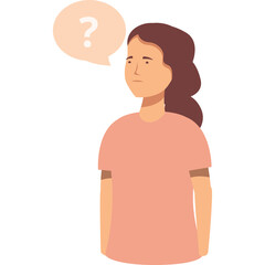 Illustration of a woman with brown hair wearing a coral pink t-shirt with a question mark thought bubble above her head against a transparent background