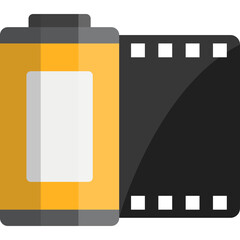 Illustration of a yellow film canister with black leader tape on a transparent background representing photographic elements and analog media