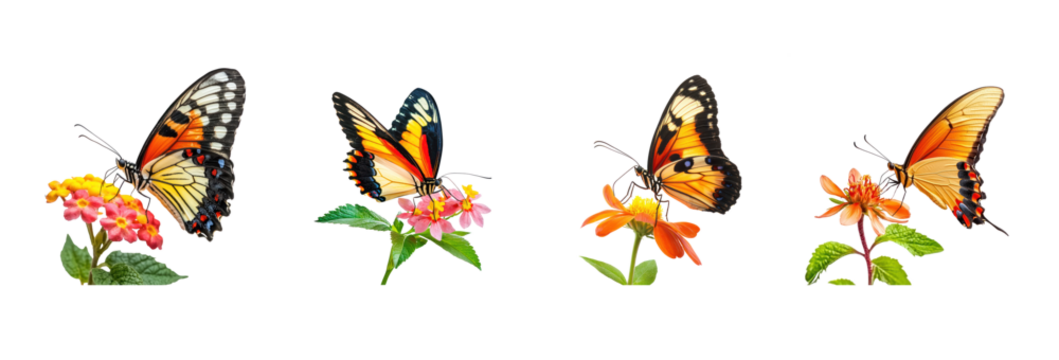 Collection of Butterfly feeding Extends proboscis to sip nectar from flowers. full length isolate on transparent background