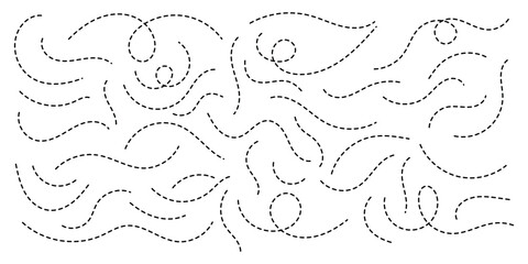 Dashed hand drawn squiggle loopy line vector. Dotted spiral curve line. Abstract long squiggle dashed line icon set. Abstract hand drawn dotted line collection. EPS 10