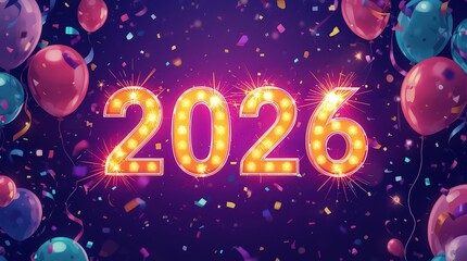 Bright and festive 2026 new year celebration with sparkling lights, colorful balloons, and confetti against a vibrant purple backdrop, creating a joyful atmosphere