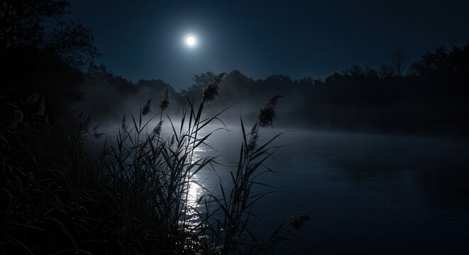 Full moon shines over misty lake with reeds at night.