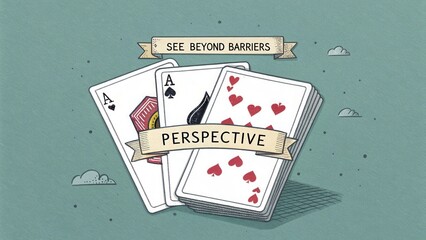 Creative Illustration of Playing Cards with the Theme of Perspective and Overcoming Barriers in a Minimalist Style