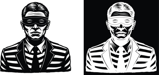 Intriguing monochrome portrait of a mysterious masked man in a suit, perfect for suspenseful narratives or symbolic themes of hidden identity