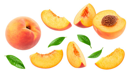 Naklejka premium Whole peach and peach slices with green leaves scattered around, isolated on a white background