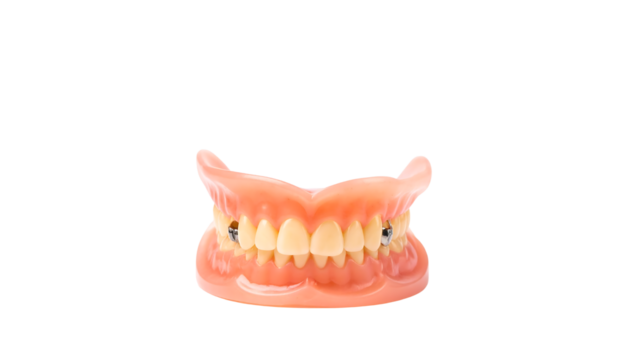An isolated set of dentures with pink gums and yellowed teeth, including two metal implants, transparent png