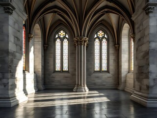 Obraz premium Gothic architecture interior with a central column, vaulted ceiling, and stained glass windows, showcasing symmetrical stone structure and soft daylight